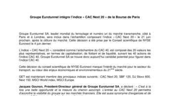 Groupe Eurotunnel intègre l’indice « CAC Next 20 » de la Bourse de Paris