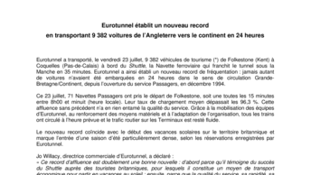 Eurotunnel établit un nouveau record  en transportant 9 382 voitures de l’Angleterre vers le continent en 24 heures