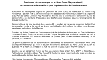 Eurotunnel récompensé par un sixième Green Flag consécutif, reconnaissance de ses efforts pour la préservation de l’environnement