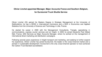 Olivier Linchet appointed Manager, Major Accounts France and Southern Belgium, for Eurotunnel Truck Shuttle Service