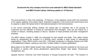 Eurotunnel the only company from Euro zone selected for MSCI Global Standard and MSCI Growth indices, following update on 10 February