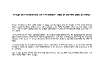 Groupe Eurotunnel enters the “CAC Next 20” index on the Paris Stock Exchange