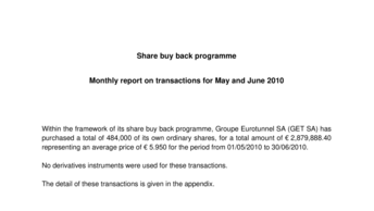 Share buy back programme - Monthly report on transactions for May and June 2010