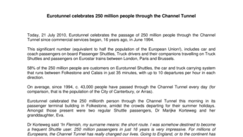 Eurotunnel celebrates 250 million people through the Channel Tunnel