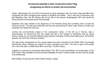 Eurotunnel awarded a sixth consecutive Green Flag,  recognising its efforts to protect the environment