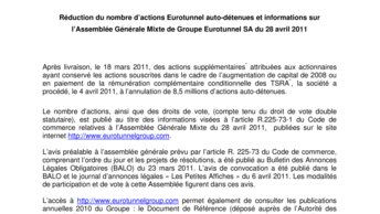 Réduction du nombre d’actions Eurotunnel auto-détenues et informations sur l’Assemblée Générale Mixte de Groupe Eurotunnel SA du 28 avril 2011