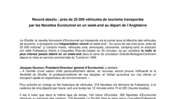 Record absolu : près de 25 000 véhicules de tourisme transportés par les Navettes Eurotunnel en un week-end au départ de l’Angleterre
