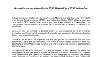 Groupe Eurotunnel intègre l’indice FTSE All-World1 et le FTSE MediumCap