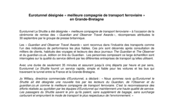Eurotunnel désignée « meilleure compagnie de transport ferroviaire » en Grande-Bretagne