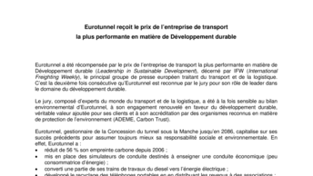 Eurotunnel reçoit le prix de l’entreprise de transport  la plus performante en matière de Développement durable