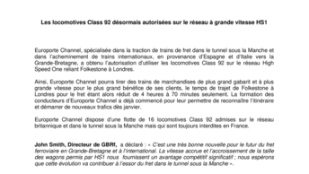 Les locomotives Class 92 désormais autorisées sur le réseau à grande vitesse HS1