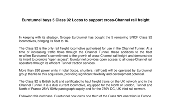 Eurotunnel buys 5 Class 92 Locos to support cross-Channel rail freight