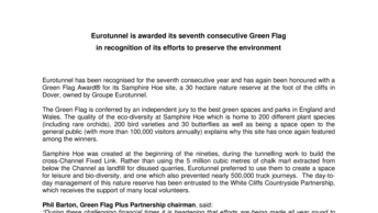 Eurotunnel is awarded its seventh consecutive Green Flag  in recognition of its efforts to preserve the environment