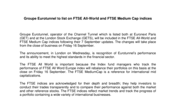 Groupe Eurotunnel to list on FTSE All-World and FTSE Medium Cap indices