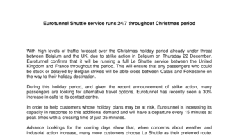 Eurotunnel Shuttle service runs 24/7 throughout Christmas period