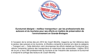 Eurotunnel désigné « meilleur transporteur» par les professionnels des autocars et du tourisme pour ses efforts en matière de préservation de l’environnement en Grande-Bretagne