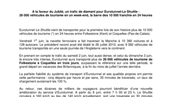 A la faveur du Jubilé, un trafic de diamant pour Eurotunnel-Le Shuttle :  26 000 véhicules de tourisme en un week-end, la barre des 10 000 franchie en 24 heures