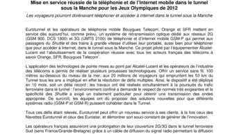 Mise en service réussie de la téléphonie et de l’Internet mobile dans le tunnel sous la Manche pour les Jeux Olympiques de 2012