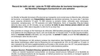 Record de trafic cet été : près de 75 000 véhicules de tourisme transportés par les Navettes Passagers Eurotunnel en une semaine