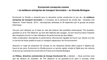 Eurotunnel consacrée comme  « la meilleure entreprise de transport ferroviaire » en Grande-Bretagne