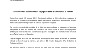 Eurotunnel fête 300 millions de voyageurs dans le tunnel sous la Manche