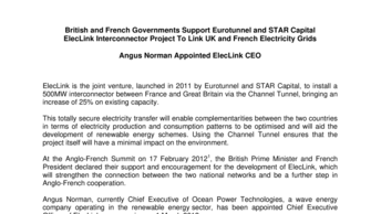 British and French Governments Support Eurotunnel and STAR Capital ElecLink Interconnector Project To Link UK and French Electricity Grids - Angus Norman Appointed ElecLink CEO