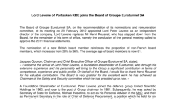 Lord Levene of Portsoken KBE joins the Board of Groupe Eurotunnel SA