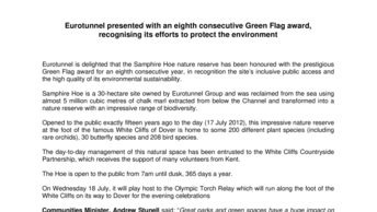 Eurotunnel presented with an eighth consecutive Green Flag award, recognising its efforts to protect the environment