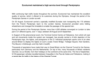 Eurotunnel maintained a high service level through Paralympics