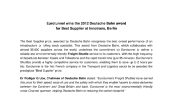 Eurotunnel wins the 2012 Deutsche Bahn award  for Best Supplier at Innotrans, Berlin