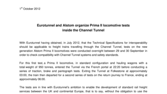 Eurotunnel and Alstom organize Prima II locomotive tests  inside the Channel Tunnel