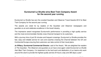 Eurotunnel Le Shuttle wins Best Train Company Award  for the second year running