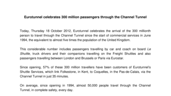 Eurotunnel celebrates 300 million passengers through the Channel Tunnel