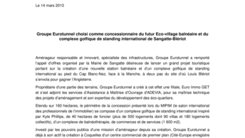Groupe Eurotunnel choisi comme concessionnaire du futur Eco-village balnéaire et du complexe golfique de standing international de Sangatte-Blériot