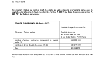 Information relative au nombre total des droits de vote existants et d’actions composant le capital social à la date de l’avis mentionné à l’article R. 225-73 du Code de commerce (article R. 225-73-1 du Code de commerce)