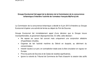 Groupe Eurotunnel fait appel de la décision de la Commission de la concurrence britannique d’interdire l’activité de l’armateur français MyFerryLink