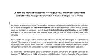 Un week-end de départ en vacances record : plus de 33 000 voitures transportées par les Navettes Passagers Eurotunnel de la Grande-Bretagne vers la France