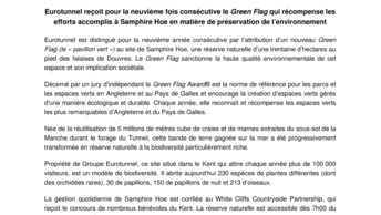 Eurotunnel reçoit pour la neuvième fois consécutive le Green Flag qui récompense les efforts accomplis à Samphire Hoe en matière de préservation de l’environnement