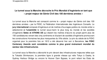 Le tunnel sous la Manche décroche le Prix Mondial d’Ingénierie en tant que « projet majeur de Génie Civil des 100 dernières années »