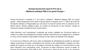 Groupe Eurotunnel reçoit le Prix de la  « Meilleure politique RSE d’un grand Groupe »