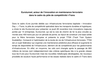 Eurotunnel, acteur de l’innovation en maintenance ferroviaire  dans le cadre du pôle de compétitivité i-Trans