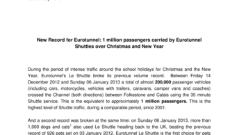 New Record for Eurotunnel: 1 million passengers carried by Eurotunnel Shuttles over Christmas and New Year