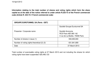 Information relating to the total number of shares and voting rights which form the share capital as at the date of the notice referred to under article R.225-73 of the French commercial code (Article R. 225-73-1 French commercial code)