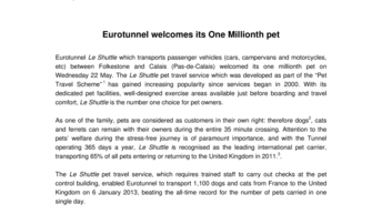 Eurotunnel welcomes its One Millionth pet
