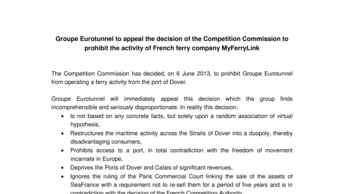 Groupe Eurotunnel to appeal the decision of the Competition Commission to prohibit the activity of French ferry company MyFerryLink