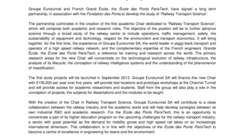 Groupe Eurotunnel SA and the École des Ponts ParisTech create  the first Chair in “Railway Transport Science”