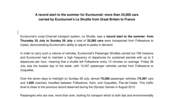 A record start to the summer for Eurotunnel: more than 33,000 cars  carried by Eurotunnel’s Le Shuttle from Great Britain to France