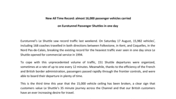New All Time Record: almost 16,000 passenger vehicles carried  on Eurotunnel Passenger Shuttles in one day
