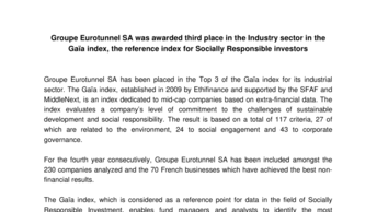 Groupe Eurotunnel SA was awarded third place in the Industry sector in the Gaïa index, the reference index for Socially Responsible investors
