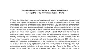 Eurotunnel drives innovation in railway maintenance  through the competitiveness cluster i-Trans